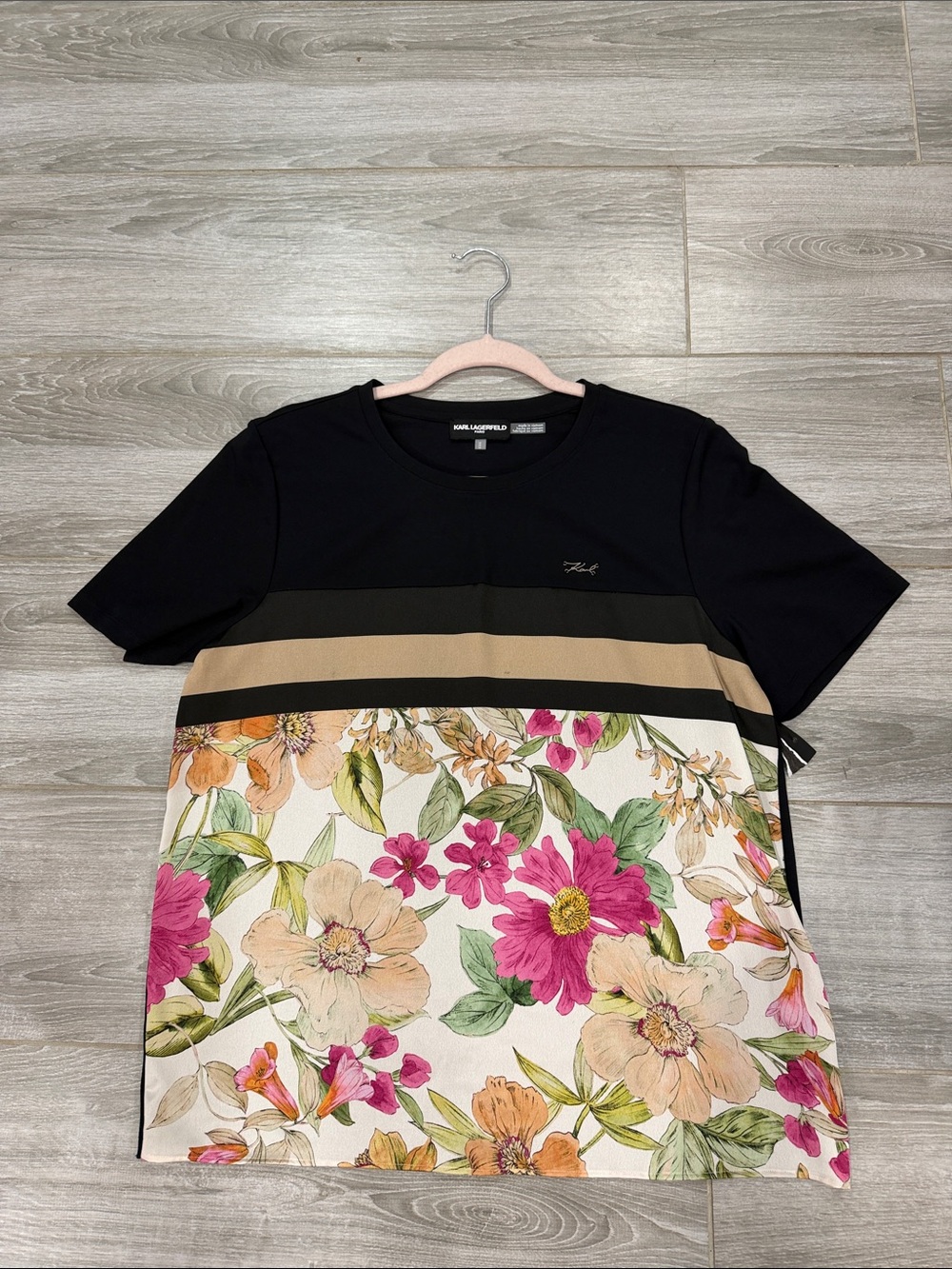 Karl Lagerfeld Black Top with Beige Stripe and Pink Floral Panel M